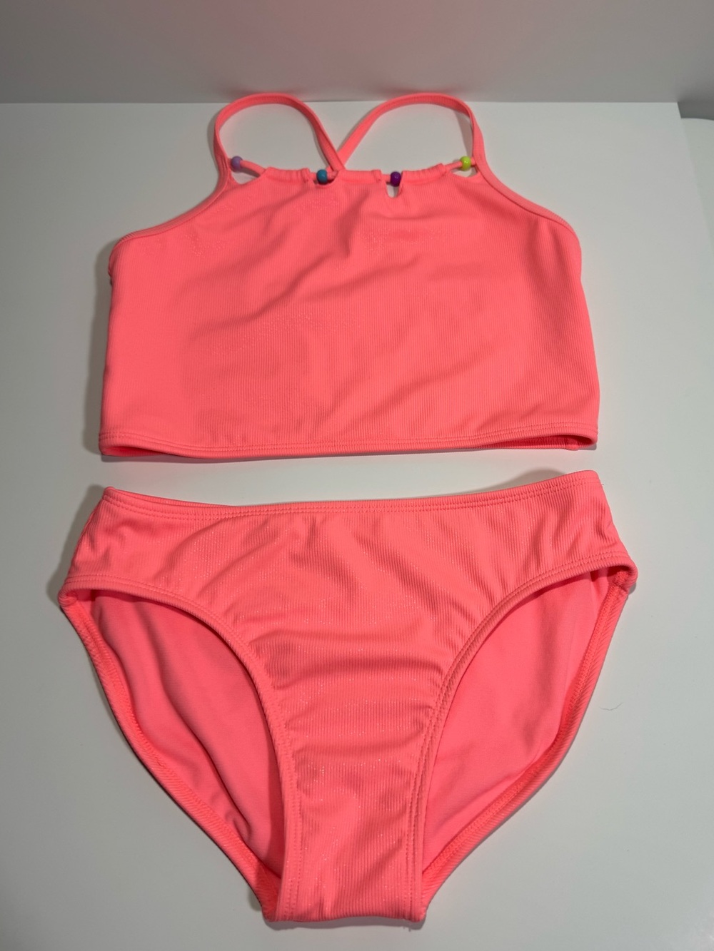 Cat & Jack Coral Pink Girls Two-Piece Swim Bikini with Beads - XL(14)